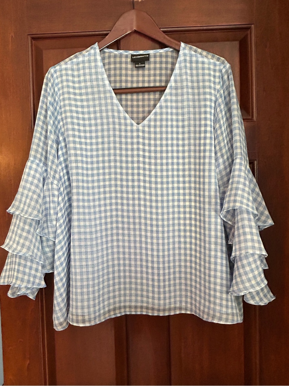 Liz Claiborne Blue White Gingham Ruffle Sleeve Blouse L